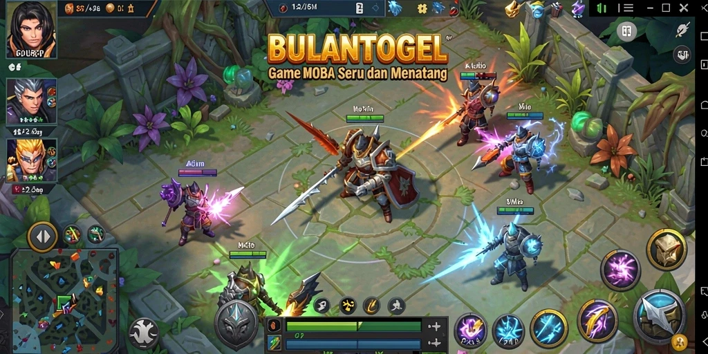 Screenshot gameplay BULANTOGEL menampilkan pertarungan seru antar karakter MOBA.