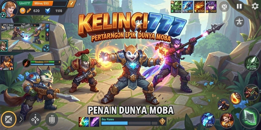 Screenshot gameplay KELINCI777 yang menunjukkan aksi tim dalam pertempuran MOBA.