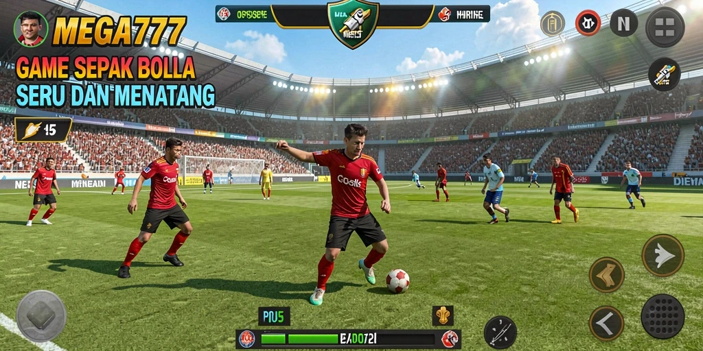 Tampilan layar permainan <strong>MEGA777</strong> yang menampilkan aksi di lapangan sepak bola.