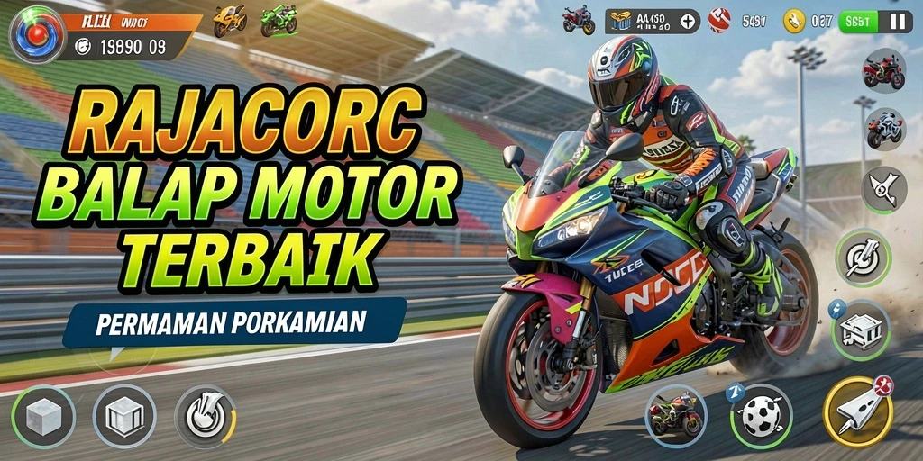 Screenshot gameplay RAJACORC menampilkan aksi balap motor yang seru.