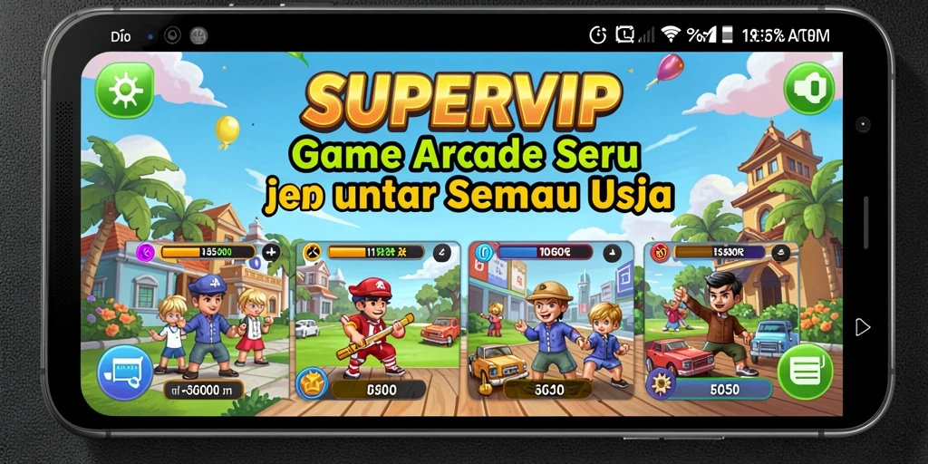 Tampilan gameplay mengasyikkan dari SUPERVIP dengan karakter warna-warni.